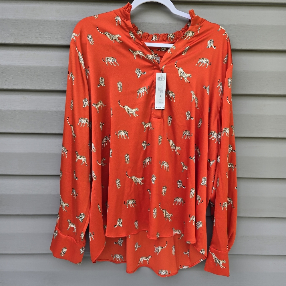 Chico’s‎ Red Satin Leopard Ruffle Neck Long Sleeves Button Down Women’s Blouse 4